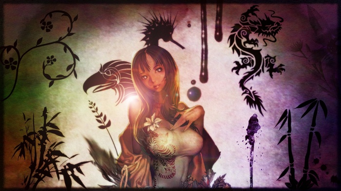 Anime girl with dragon and eagle motifs