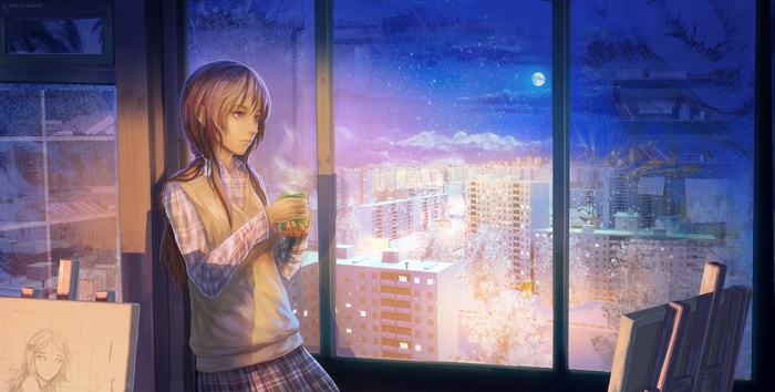 Anime girl with coffee looking at winter cityscape at night