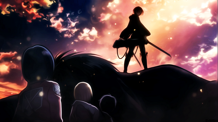 Shingeki no Kyojin: Levi Ackerman and allies at sunset