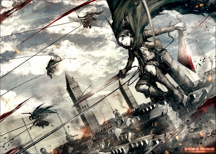 Attack on Titan characters fighting titans in a city
