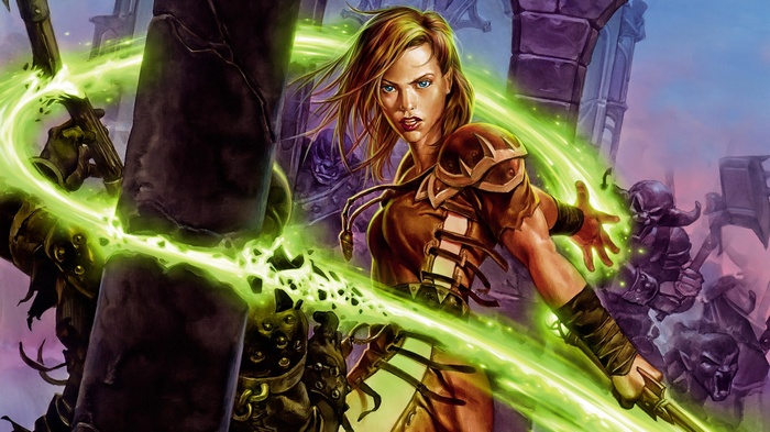 Fantasy girl casting green magic on enemies