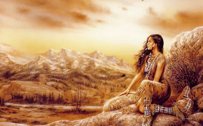 Native American woman in a mountain landscape by Luis Royo