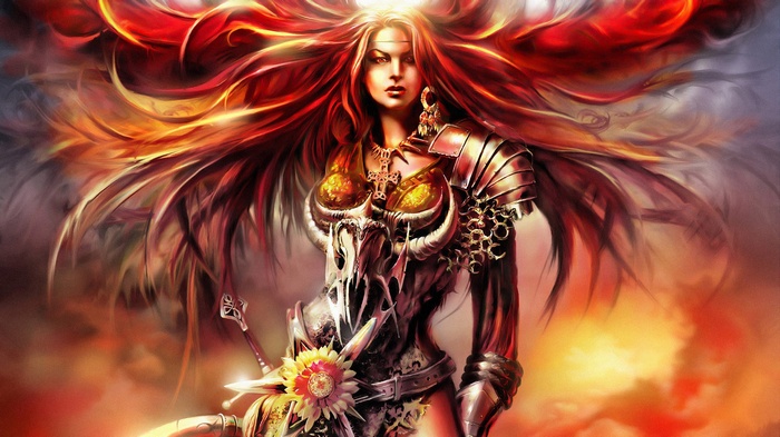 Fantasy girl with fiery hair and armor