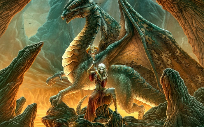 Fantasy girl with a dragon in a cave