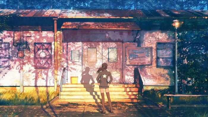 Anime girl with star on jacket at train station