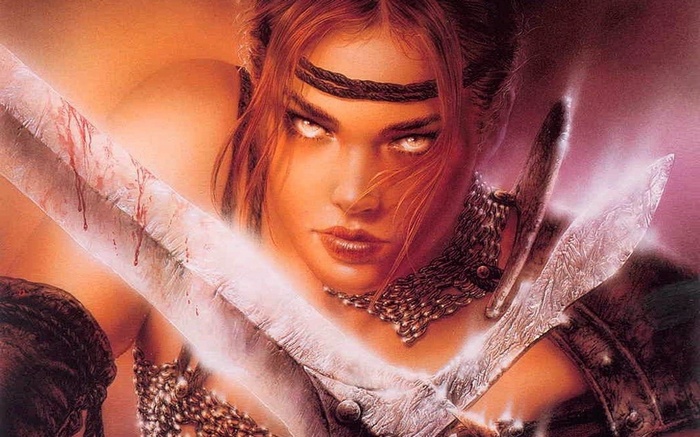 Fantasy warrior woman with swords by Luis Royo