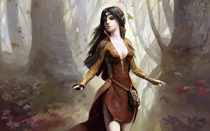 Fantasy girl in a forest with autumn leaves