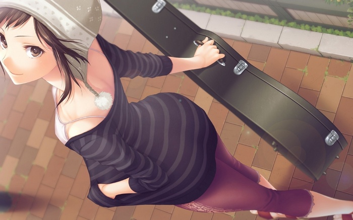 Anime girl with a case walking outside