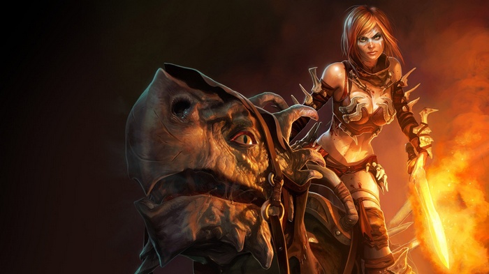 Fantasy girl riding a dragon with a flaming sword
