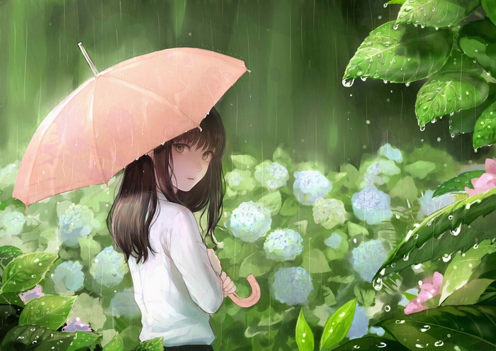 original characters, water drops, anime, water, long hair, white dress, rain, anime girls, Sankarea, umbrella, flowers