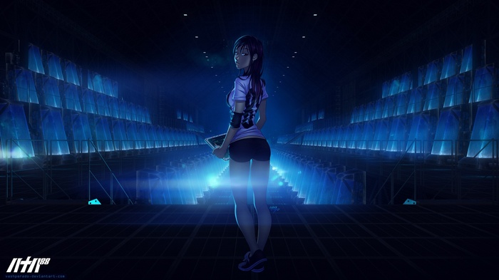 Anime girl in futuristic stadium with blue lights