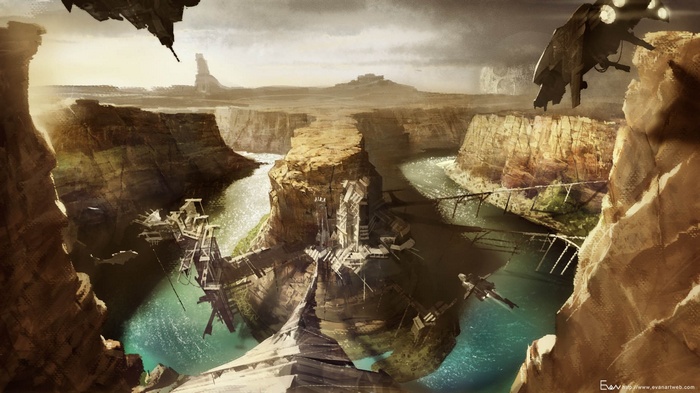 Science fiction artwork of a desert canyon with a river and structures