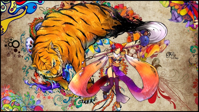Anime girl with tiger and colorful fantasy art