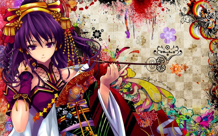 Anime girl with purple hair in traditional clothing holding a pipe