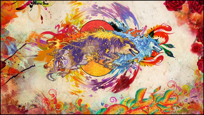 Artwork of three wolves in colorful digital art style