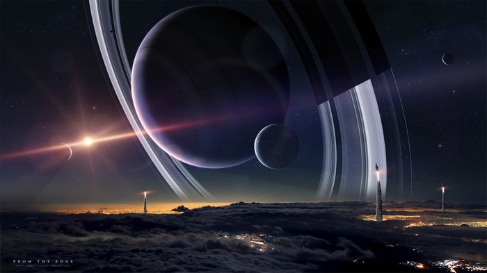 Planetary rings and moons over a cloud-covered planet