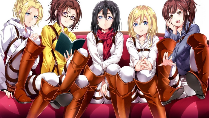 Attack on Titan girls sitting on a couch