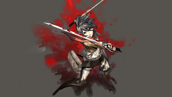 Mikasa Ackerman with swords and blood