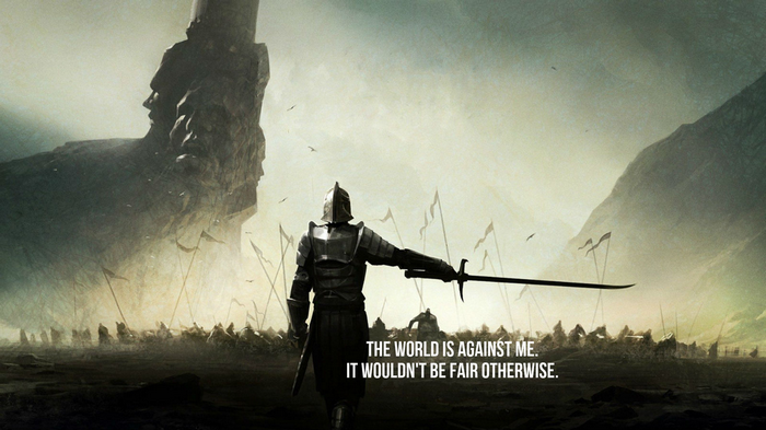 Warrior facing an army with a quote