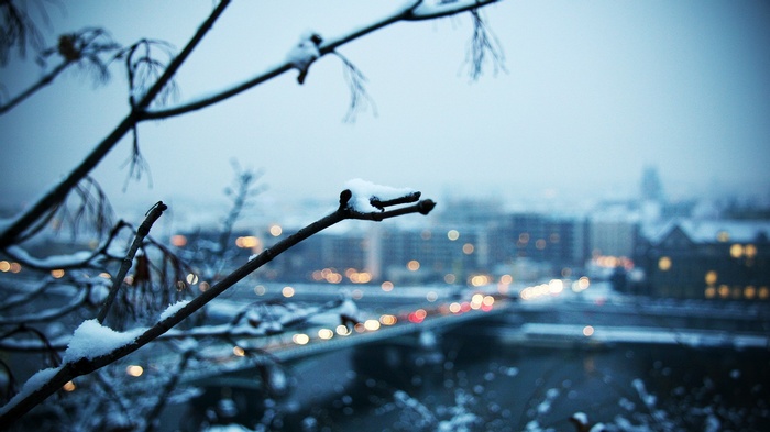 Snowy cityscape with bokeh lights and branches