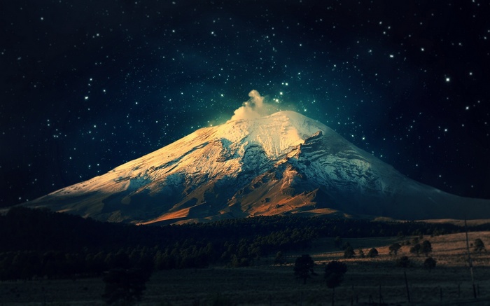 Volcano under a starry night sky