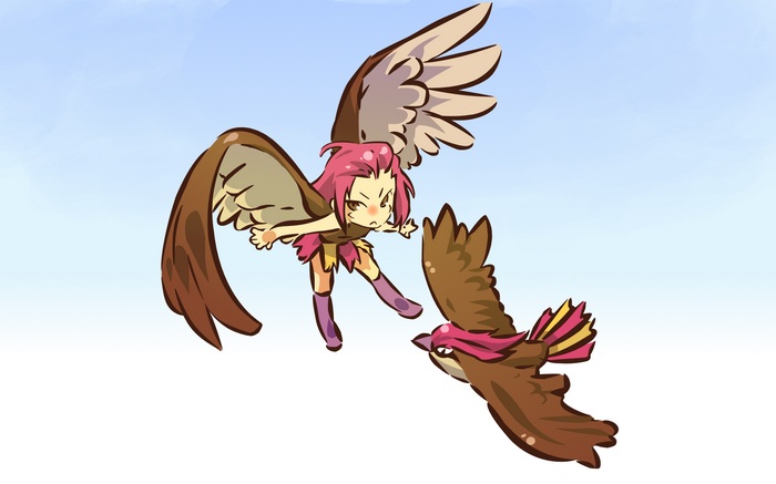 Pidgeot and Pidgey Gijinka flying in the sky