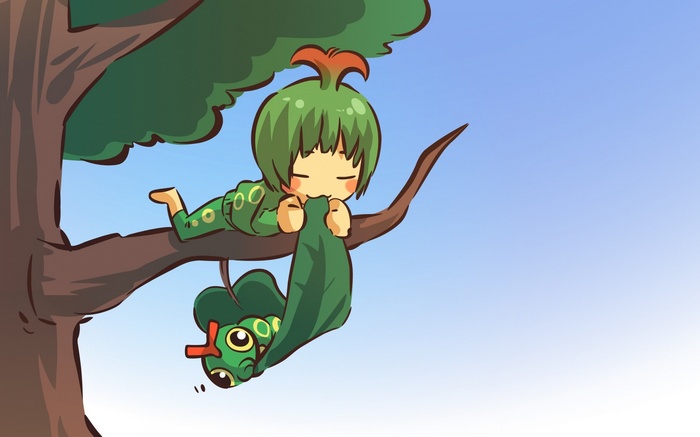 Humanized Caterpie and girl on a tree branch
