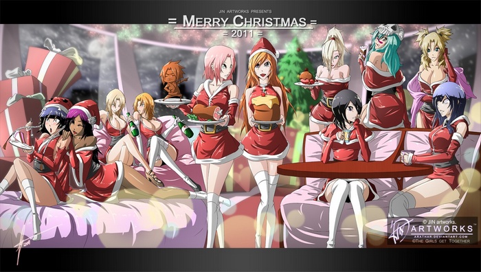 anime, Naruto Shippuuden, Shihouin Yoruichi, crossover, Sui-Feng, anime girls, Hyuuga Hinata, Noel , Tsunade, Temari, Christmas, Haruno Sakura, Yamanaka Ino, Matsumoto Rangiku, Nelliel Tu Odelschwanck, Inoue Orihime, Kuchiki Rukia