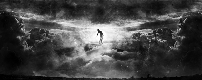 Surreal monochrome artwork of a person floating in clouds