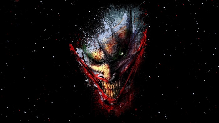 The Joker's face in a dark, abstract artwork