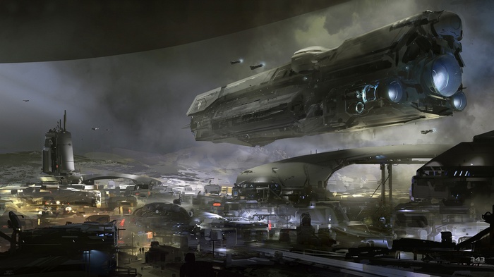Halo 5 science fiction city with a large spaceship