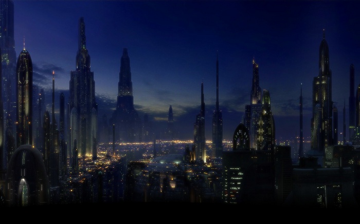 Futuristic cityscape of Coruscant at dusk