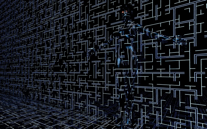 Cyberpunk robot in a digital grid environment