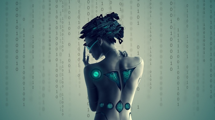 Cyborg Woman with Binary Code Background