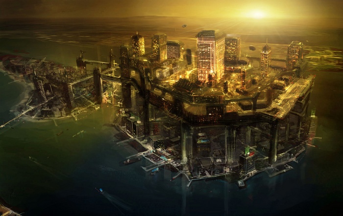 Futuristic cyberpunk cityscape on the water at sunset