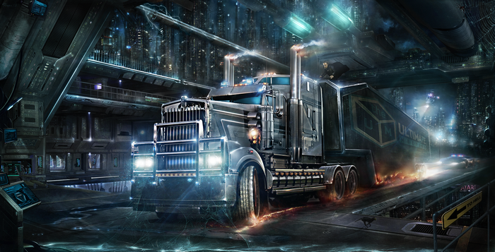 futuristic, futuristic city, vehicle, Kenworth, artwork, science fiction, cyberpunk, trucks