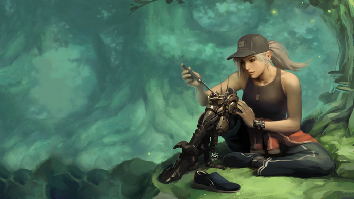 Cyborg woman repairing a prosthetic leg in a forest