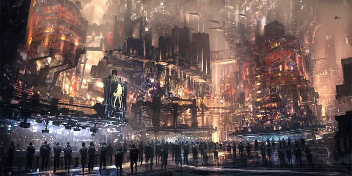 Cyberpunk futuristic city with crowds