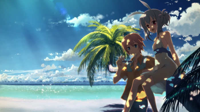 Anime couple on a tropical beach with palm trees