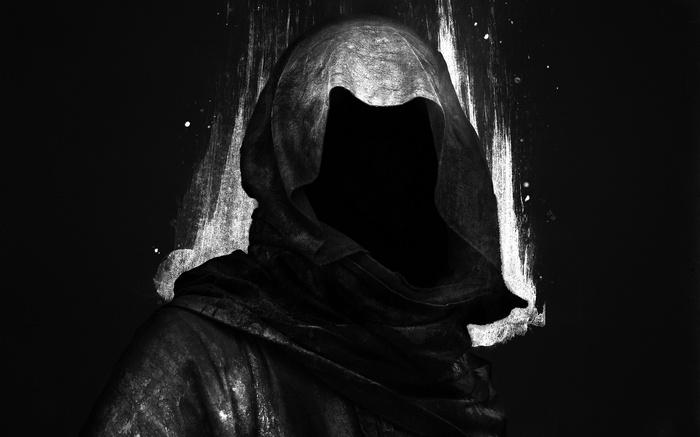 A figure in a dark hood with a black void for a face