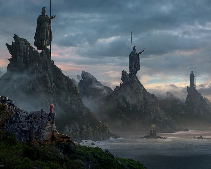 Fantasy statues on rocky islands overlooking the sea