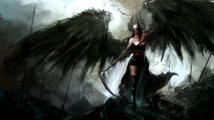 Dark fantasy angel with scythe and wings