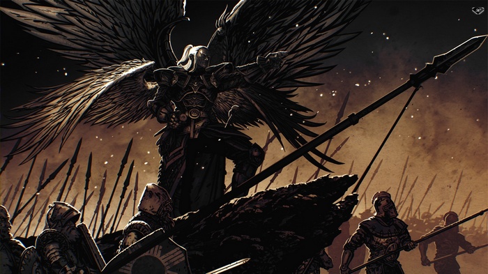 Angel leading an army with spears