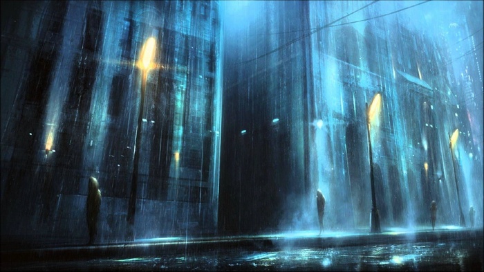 Rainy city street with glowing lanterns