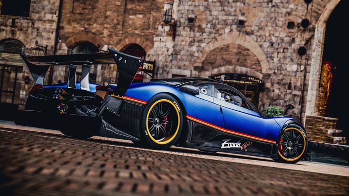 Blue Pagani Zonda R supercar on a cobblestone street