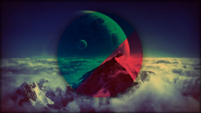 Digital art of planets and mountains over clouds