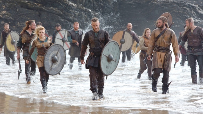 Ragnar Lodbrok and Vikings on a beach