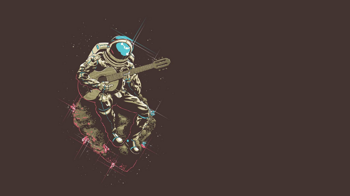 Astronaut playing guitar on an asteroid in space