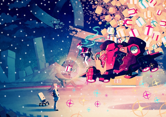 Hatsune Miku and robot with gifts in a starry night
