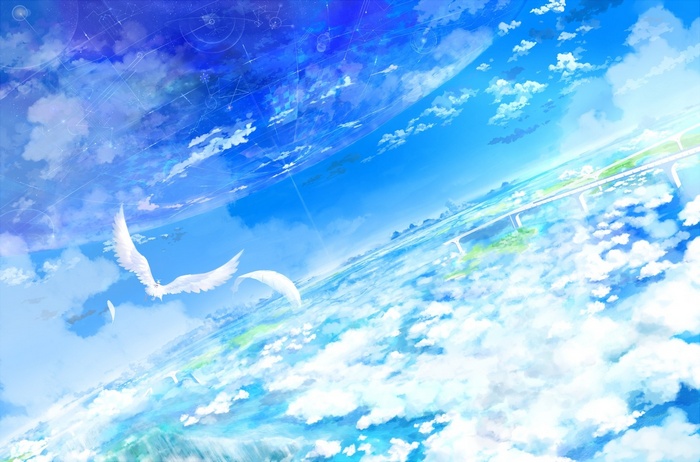 Anime fantasy art of angels flying in the sky